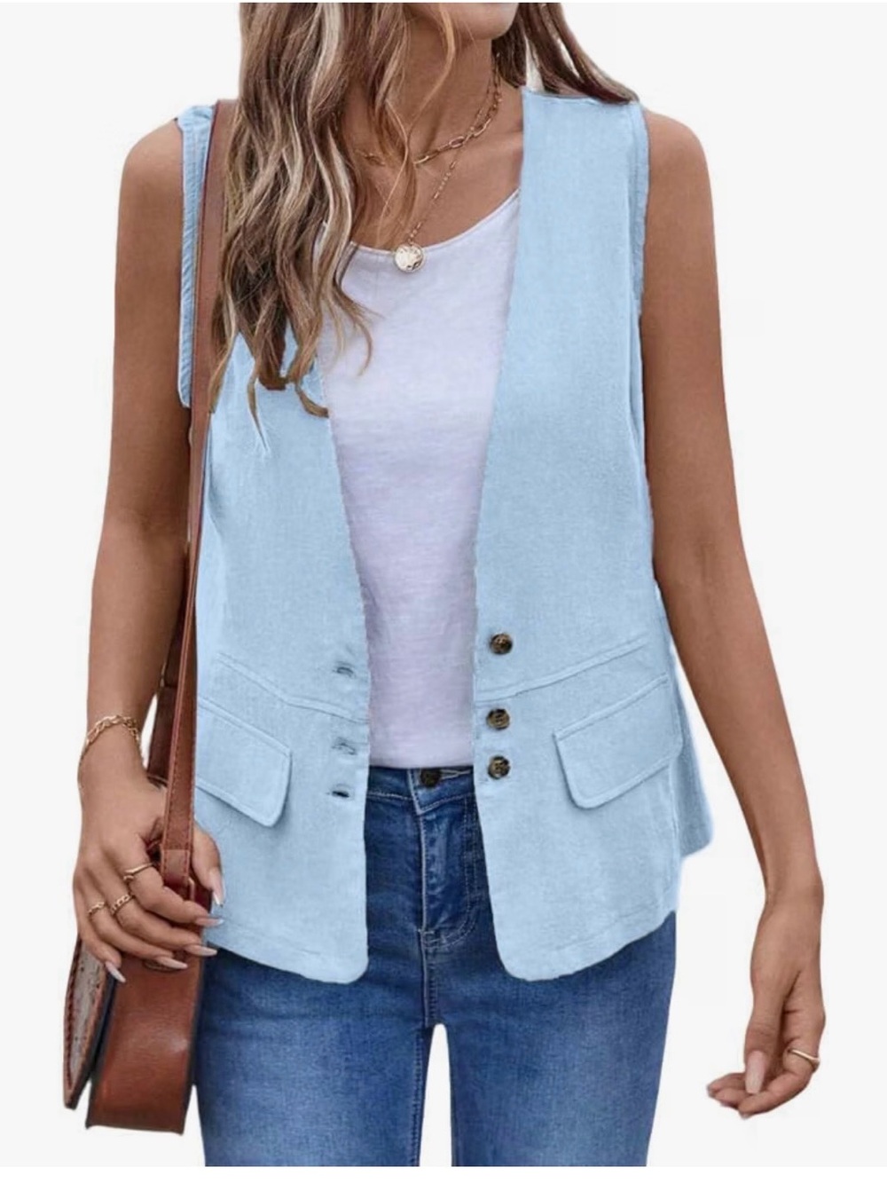 Linen Blend Light Blue Women's Button-Front Vest